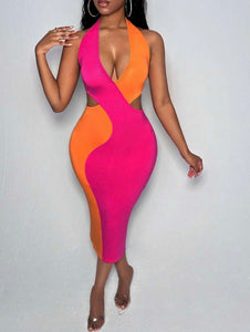 Pink and Orange Backless Halter Dress
